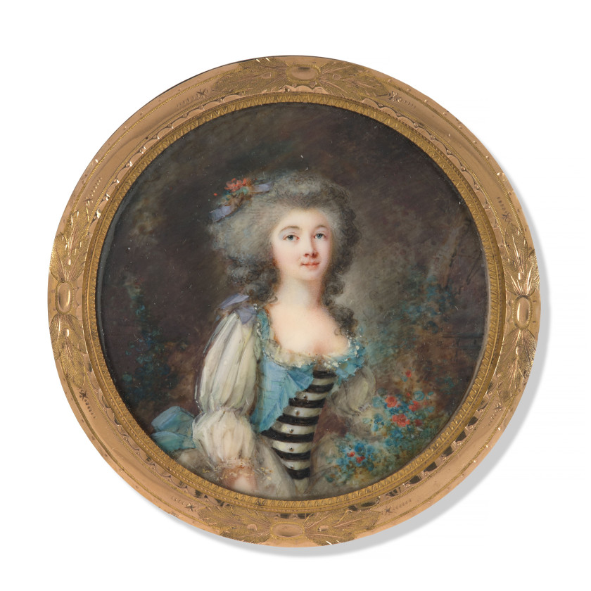 Pierre-Adolphe HALL Boras, 1739 - Liège, 1793 Portrait d'une jeune femme dans un paysage Miniature sur ivoire, de forme ronde