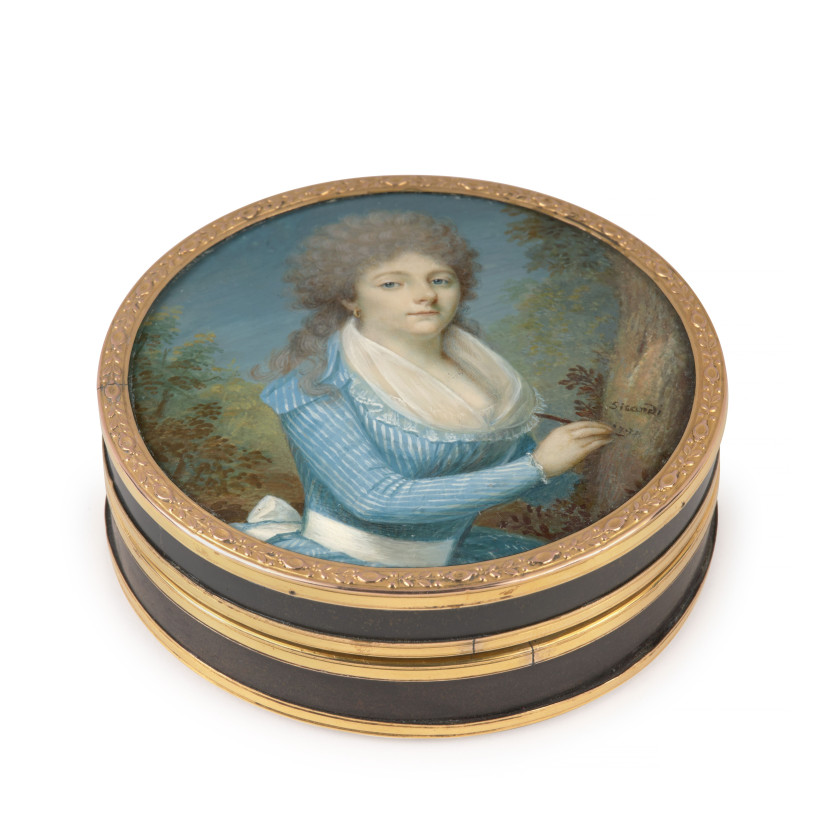 Ecole française vers 1790  Portrait de jeune femme en robe bleue dans un paysage écrivant sur une anse Miniature sur ivoire, de form...