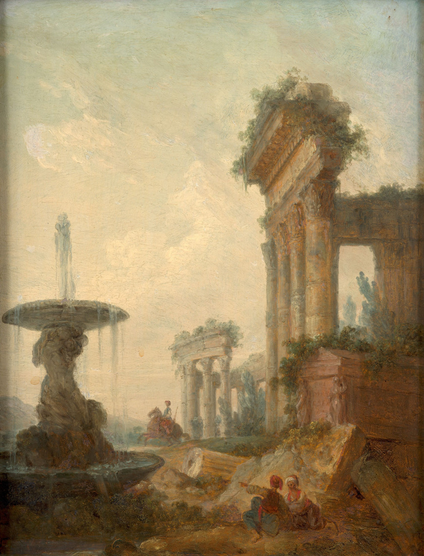 ¤ Jean-Baptiste HILAIRE Audun-le-Tiche, 1751 - Paris, après 1822 Personnages orientaux dans des ruines antiques Huile sur panneau fila.