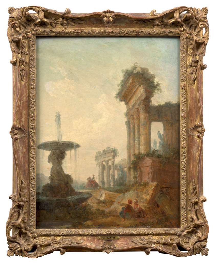 ¤ Jean-Baptiste HILAIRE Audun-le-Tiche, 1751 - Paris, après 1822 Personnages orientaux dans des ruines antiques Huile sur panneau fila.