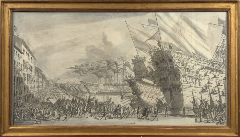 Ecole française vers 1700  Parade sur le port de Toulon avec la Réale et le Royal-Louis à quai Plume et encre noire, lavis gris, sur...