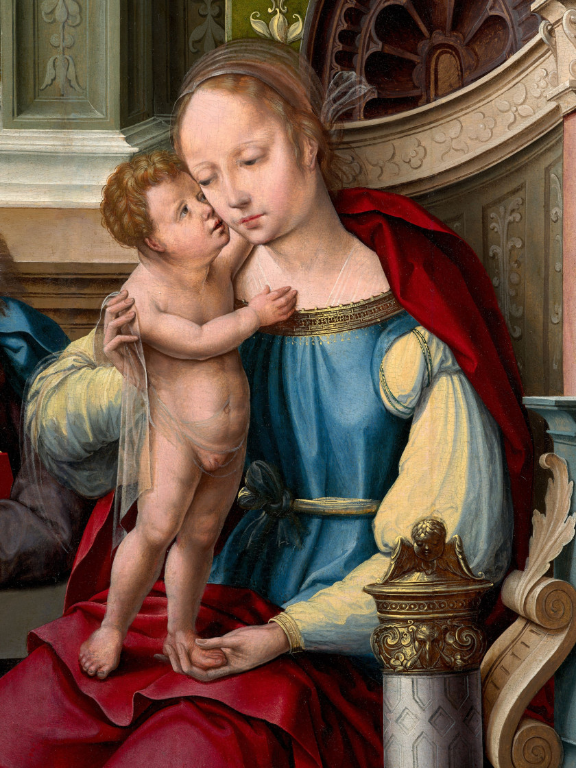 ¤ Maître de la Madeleine Mansi Actif aux Pays-Bas, premier quart du XVIe siècle La Sainte Famille Huile sur panneau de chêne, trois pl.