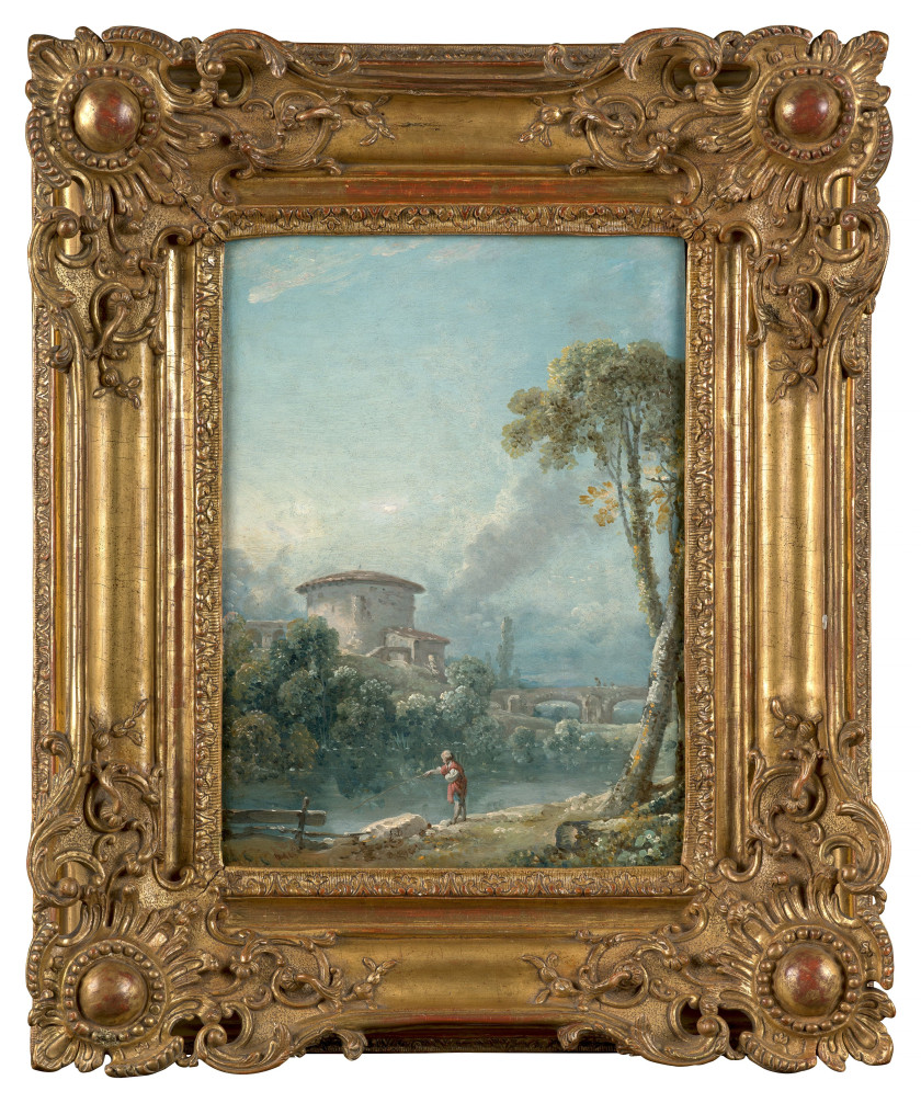 Nicolas-Jacques JULLIARD Paris, 1715 - 1790 Paysage avec un pêcheur au bord d'un lac, au fond un grand pigeonnier Panneau parqueté