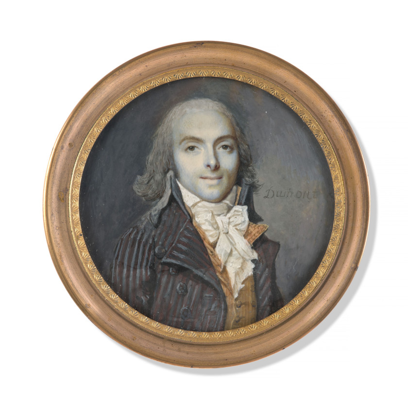 François DUMONT Lunéville, 1751 - Paris, 1831 Portrait d'homme en redingote à rayures et gilet de noces beige Miniature sur ivoire d..