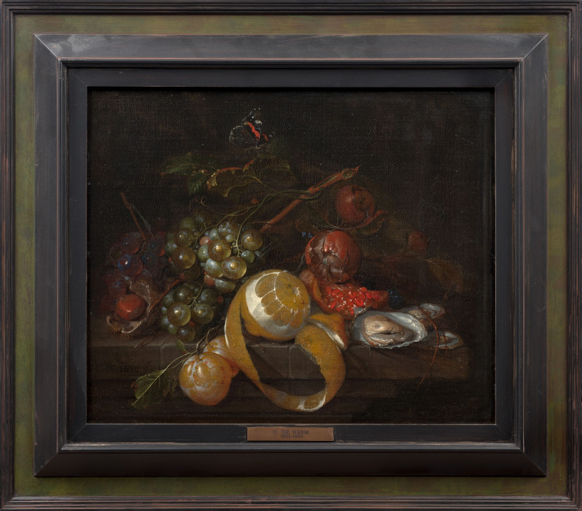 Cornelis de HEEM Leyde, 1631 - Anvers, 1695 Composition au citron, grappe de raisins et huitres Huile sur toile, marouflée sur panne...