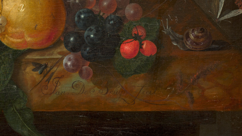 Johannes Cornelis DE BRUYN Actif à Middelburg, Utrecht et Amsterdam circa 1763 - 1828 Vase de fleurs et fruits sur un entablement de...