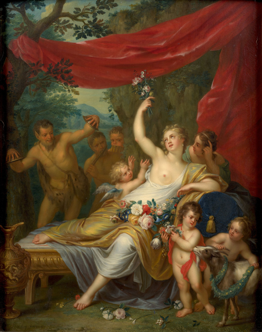 Balthasar BESCHEY Anvers, 1708 - 1776 Vénus surprise par trois satyres musiciens Huile sur panneau de chêne, une planche