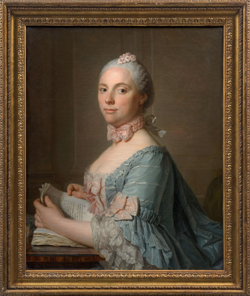 Ecole française du XVIIIe siècle  Portrait de femme à la robe bleue et au nœud rose tenant un livre Huile sur toile