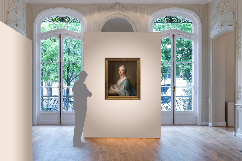 Ecole française du XVIIIe siècle  Portrait de femme à la robe bleue et au nœud rose tenant un livre Huile sur toile