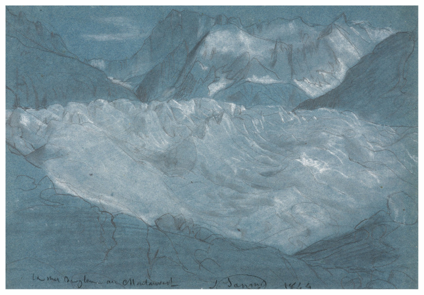 Louis JANMOT Lyon, 1814 - 1892 La mer de glace au Montenvers avec la face Nord des Grandes Jorasses dans le fond, Chamonix Crayon no...