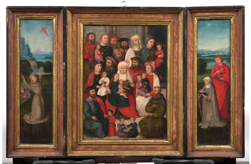 Bruges, début du XVIe siècle  Triptyque : La lignée de sainte Anne ; deux volets latéraux représentant saint François recevant les s...