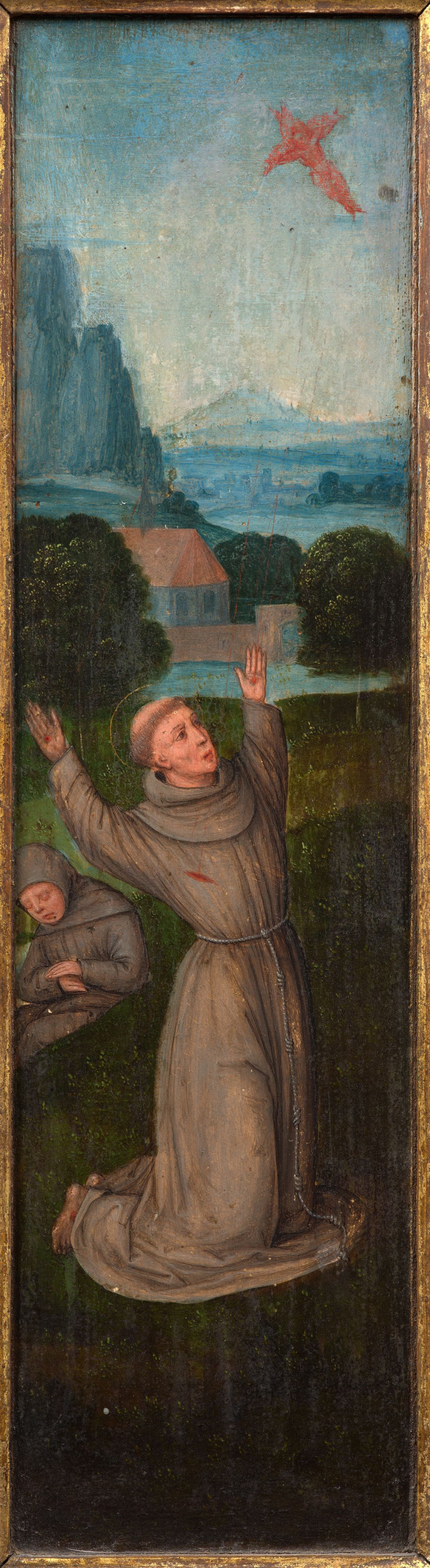 Bruges, début du XVIe siècle  Triptyque : La lignée de sainte Anne ; deux volets latéraux représentant saint François recevant les s...