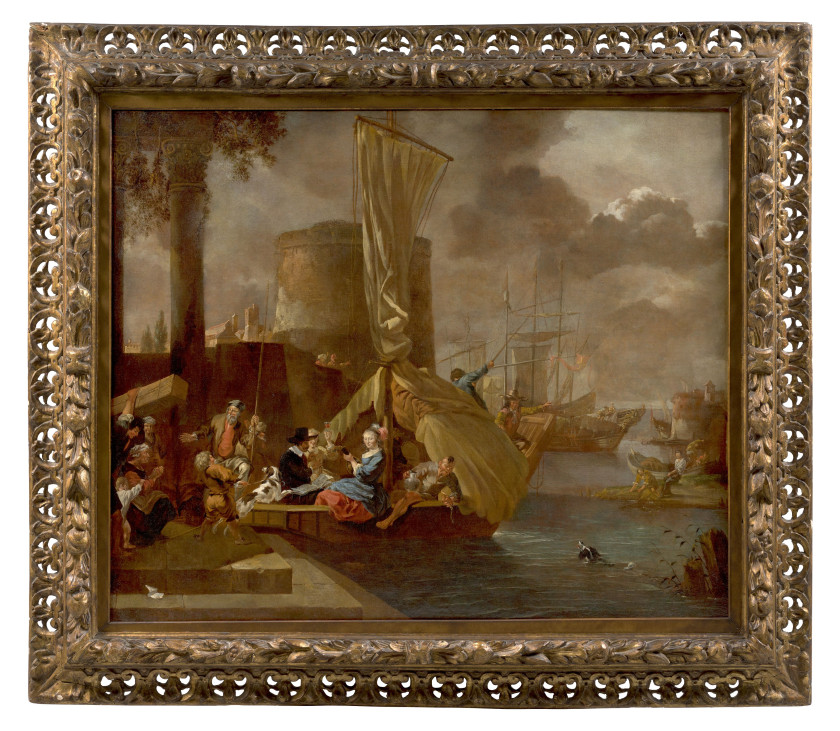 Attribué à Jan-Baptist WEENIX Amsterdam, 1621 - Haarzuilens, 1659 Embarquement d'une élégante assemblée dans un port méditérannéen H..