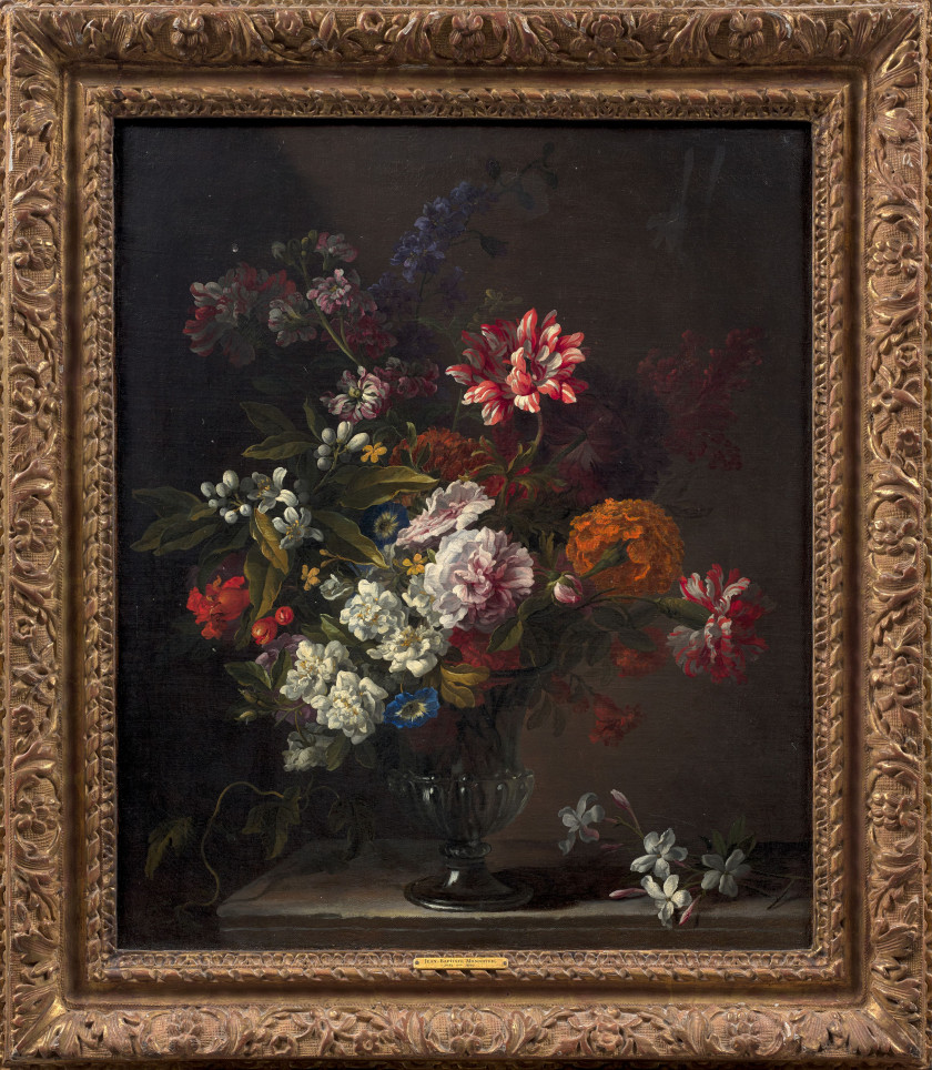 Jean-Baptiste MONNOYER Lille, 1636 - Londres, 1699 Bouquet de fleurs sur un entablement de pierre Huile sur toile