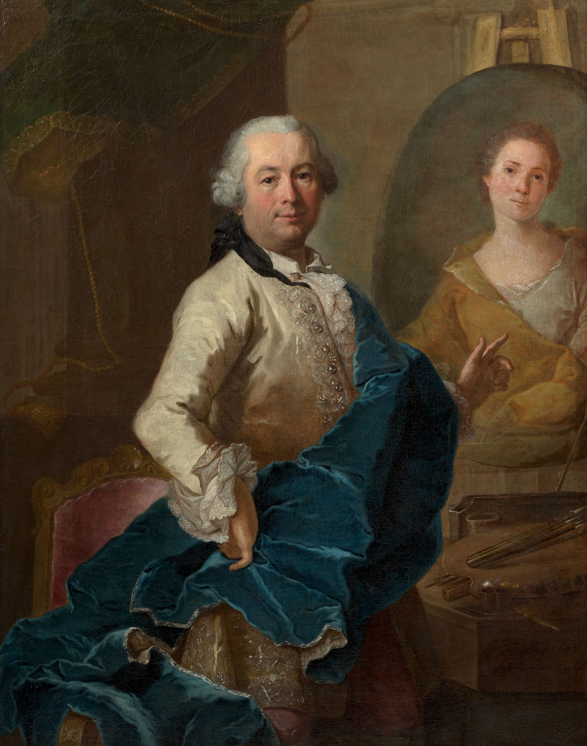 Joachim RUPALLEY  Bayeux, 1713 - 1780 Autoportrait du peintre en train de peindre le portrait de son épouse Angélique Louise Hélène...