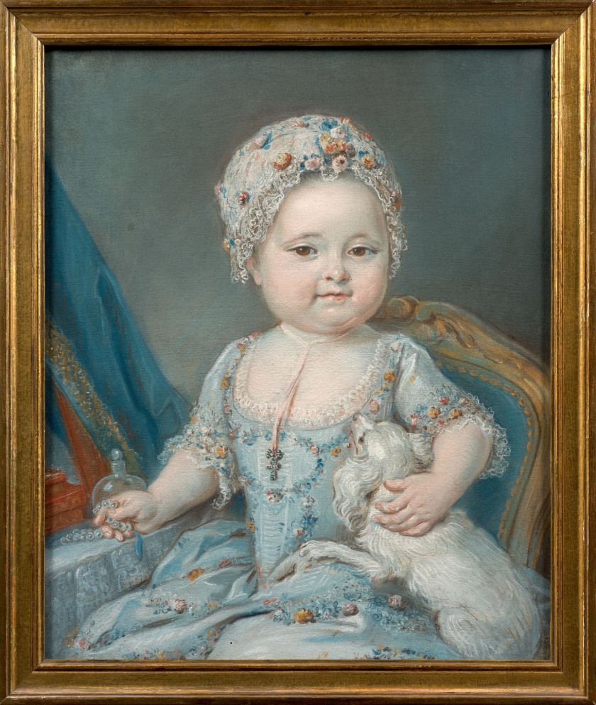 MARTIN Actif à Versailles, 1767 - 1785 Portrait d'enfant à la robe bleue jouant avec son chien et Portrait d'enfant à la robe rose e.