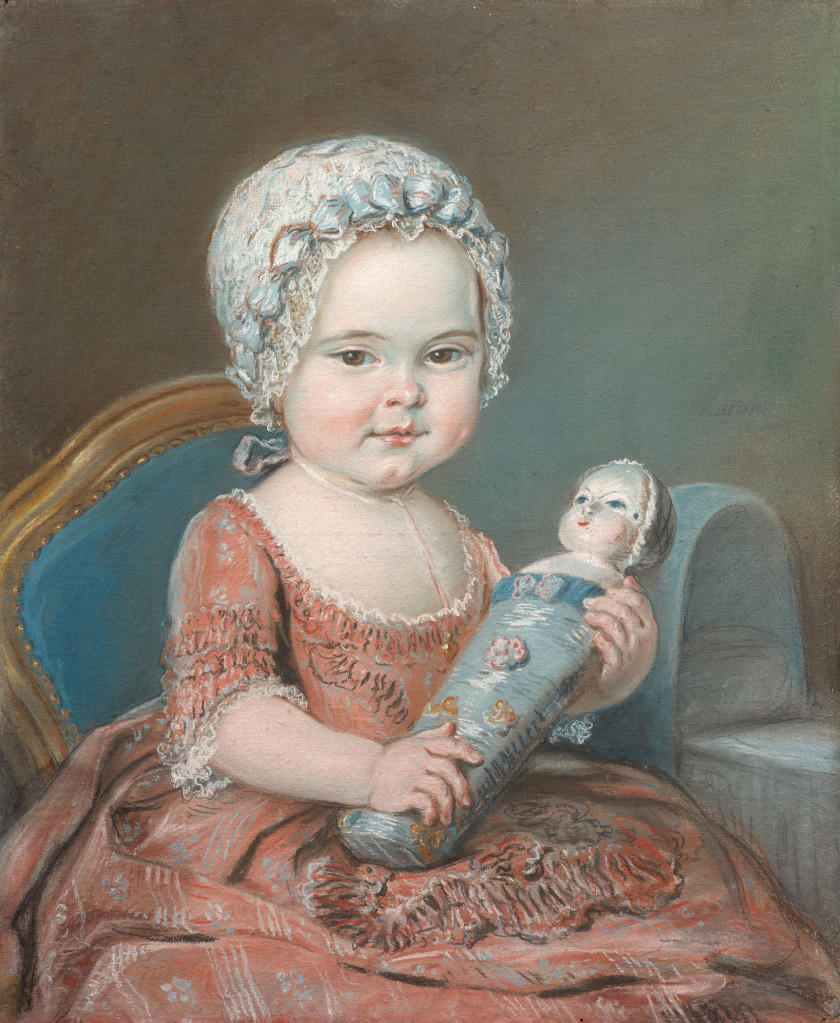 MARTIN Actif à Versailles, 1767 - 1785 Portrait d'enfant à la robe bleue jouant avec son chien et Portrait d'enfant à la robe rose e.