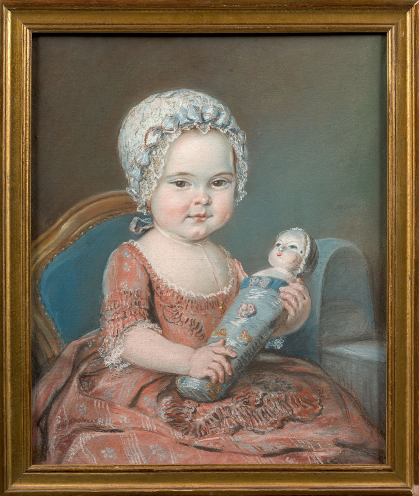 MARTIN Actif à Versailles, 1767 - 1785 Portrait d'enfant à la robe bleue jouant avec son chien et Portrait d'enfant à la robe rose e.