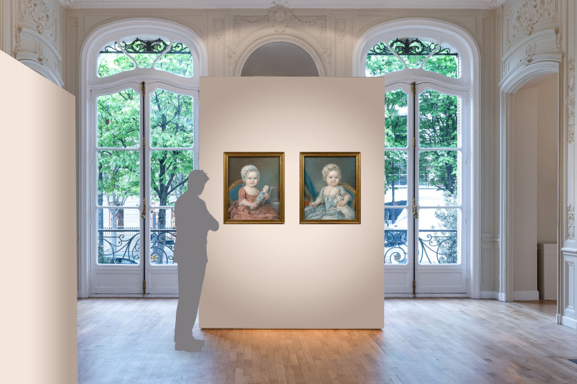MARTIN Actif à Versailles, 1767 - 1785 Portrait d'enfant à la robe bleue jouant avec son chien et Portrait d'enfant à la robe rose e.