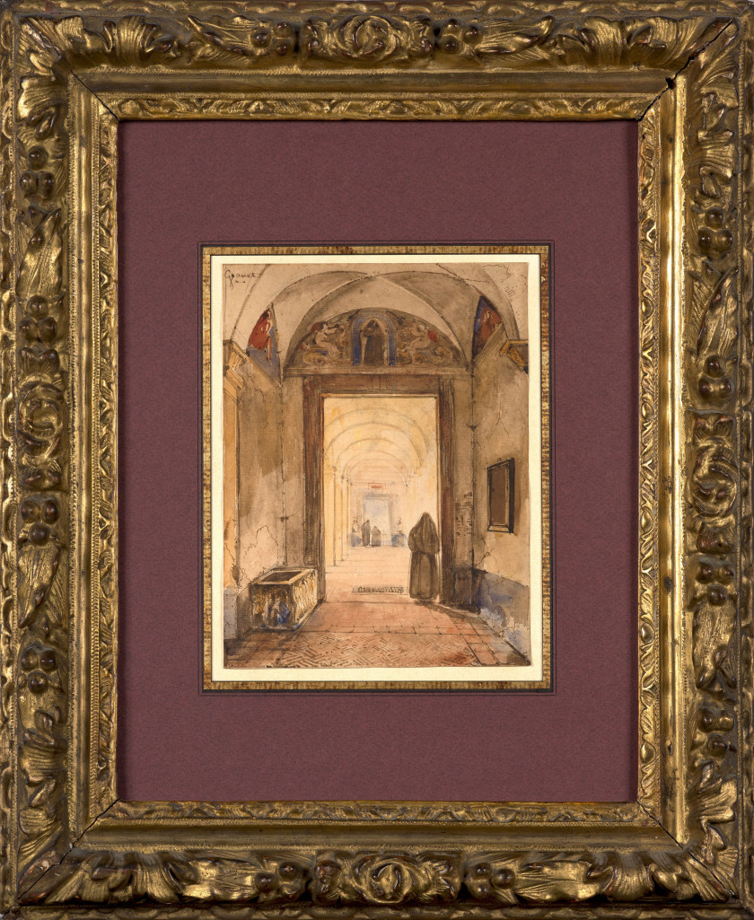 François-Marius GRANET Aix-en-Provence, 1775 - 1849 Intérieur de cloître avec un sarcophage Plume et encre brune, lavis brun, aquare...