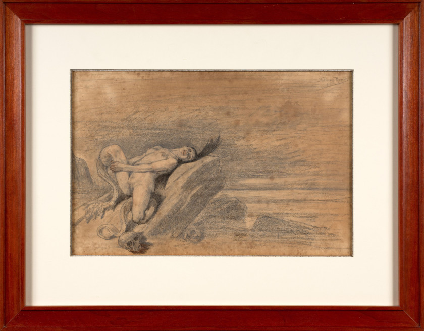 Félicien ROPS Namur, 1833 - Corbeil-Essonnes, 1898 Sirène à l'affut Crayon noir, pastel
