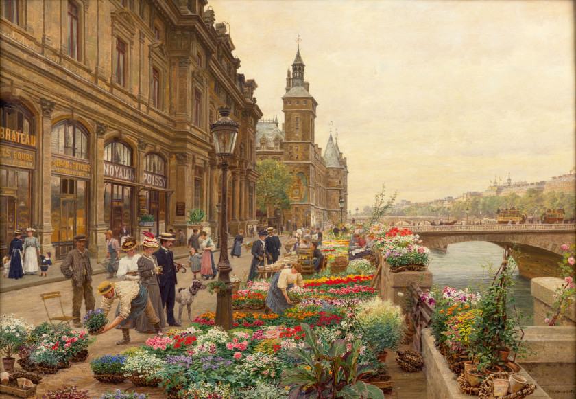 Marie-François Firmin GIRARD, dit FIRMIN-GIRARD Poncin, 1838 - Montluçon, 1921 "Paris au printemps", le quai aux fleurs, 1908 Huile...