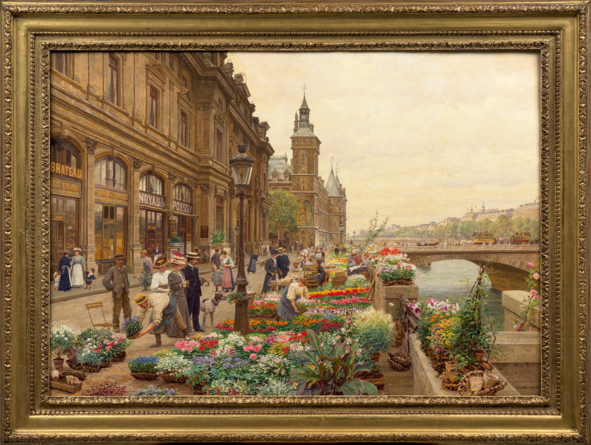 Marie-François Firmin GIRARD, dit FIRMIN-GIRARD Poncin, 1838 - Montluçon, 1921 "Paris au printemps", le quai aux fleurs, 1908 Huile...