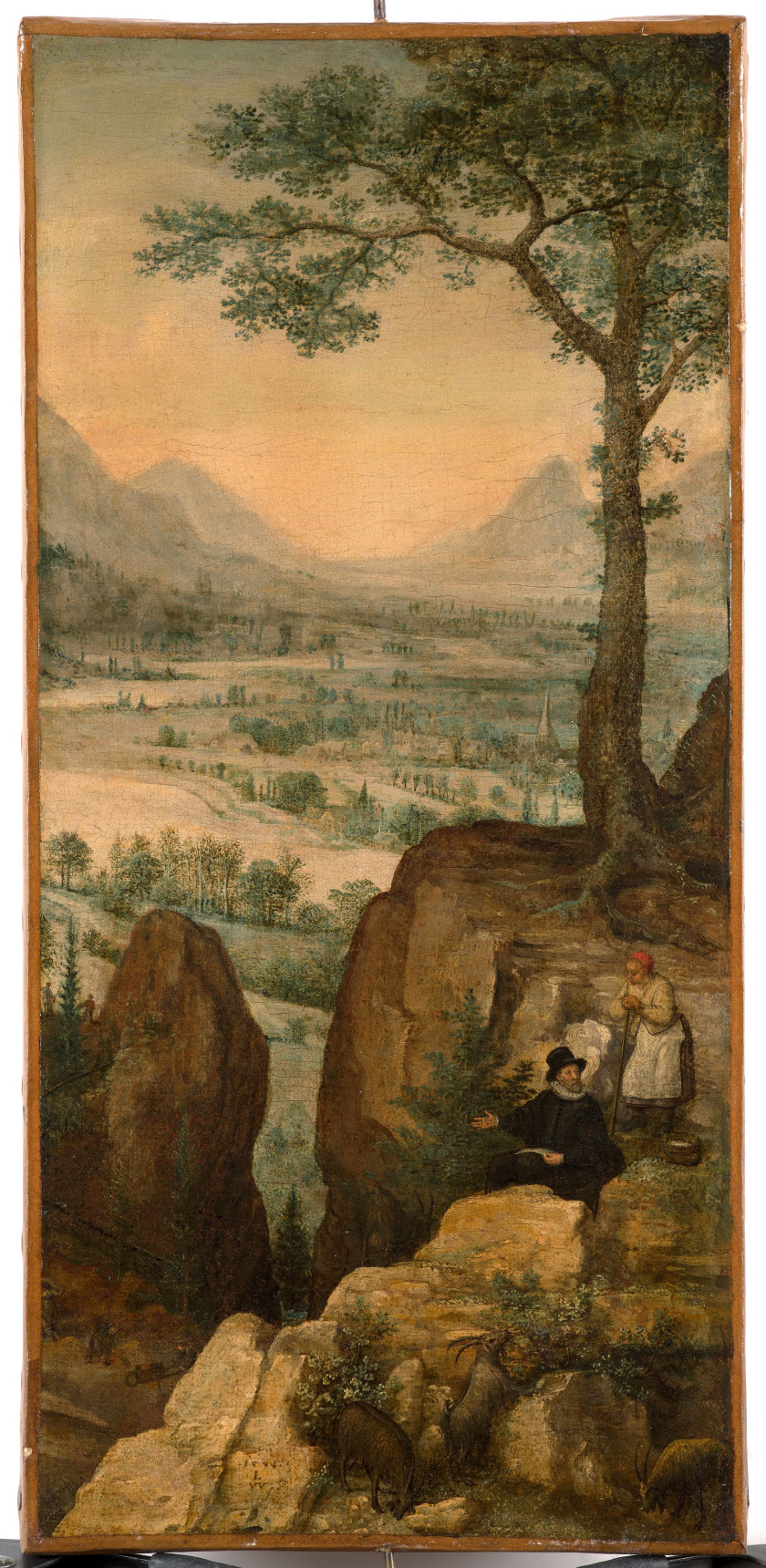 Lucas van VALCKENBORCH Louvain, 1535/36 - Francfort-sur-le-Main, 1597 Autoportrait dessinant dans un paysage de montagne Huile sur p...