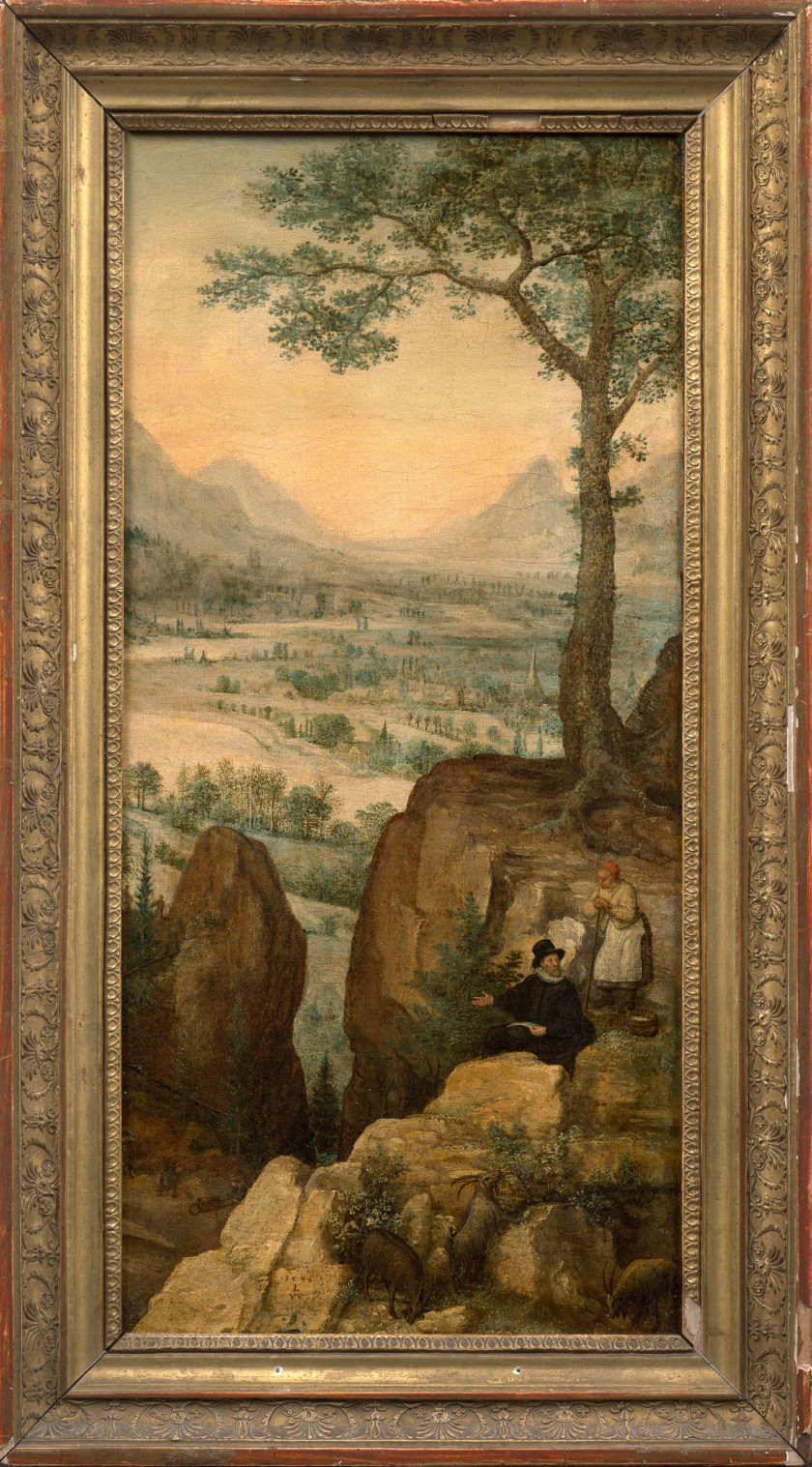 Lucas van VALCKENBORCH Louvain, 1535/36 - Francfort-sur-le-Main, 1597 Autoportrait dessinant dans un paysage de montagne Huile sur p...