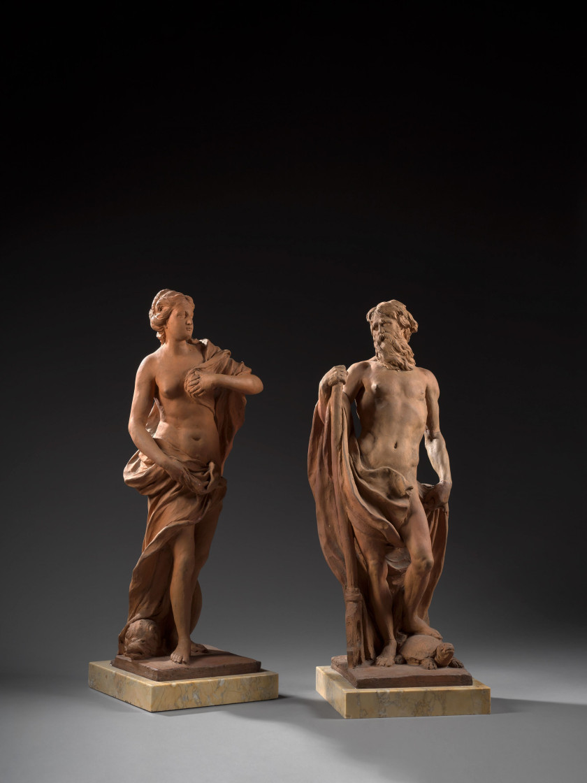Attribué à François LUCAS Toulouse, 1736 - 1813 Amphitrite et Neptune Paire de terres cuites